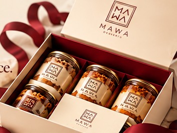 Cream gift box with burgundy MAWA-inspired detailing